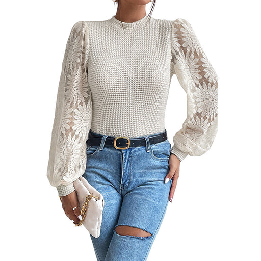 Color-White-Office Lace Stitching Hollow Out Cutout Pullover Women Autumn Slim Fit Slimming Sweater Women-Fancey Boutique