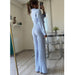 Women Clothing Embossed Short Personalized Shirt High Waist Wide Leg Elastic Pants Two Piece Set-Light Blue-Fancey Boutique