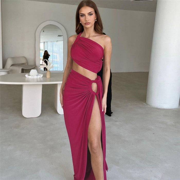 Color-Coral Red-Autumn Winter Women Clothing Sexy Oblique Shoulder Backless Vest Slim Fit Slit Skirt Set Women-Fancey Boutique