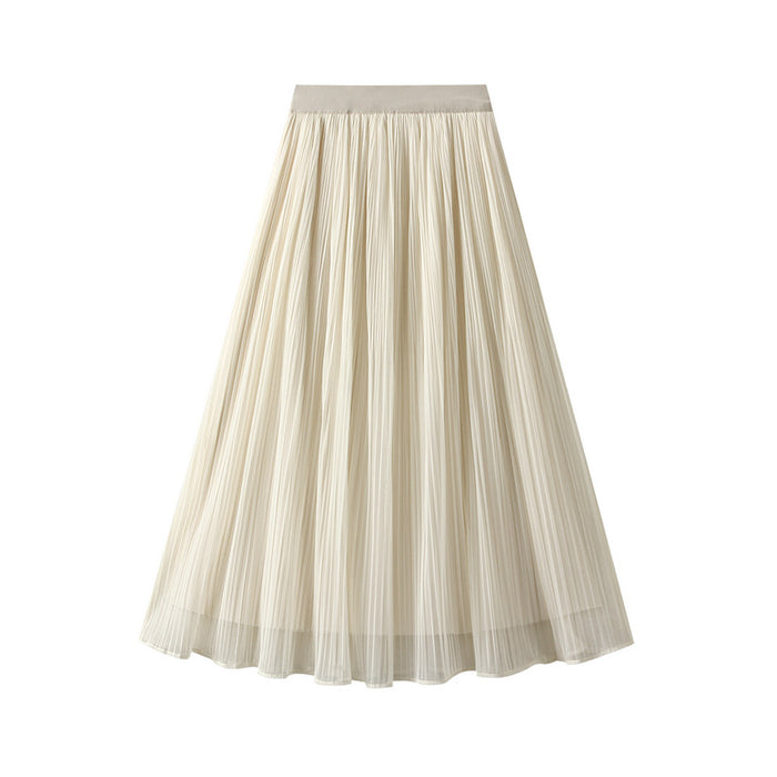 Color-Apricot-Mesh Skirt Women Autumn Winter High Waist Cover Two Sides Pleated Mid Length Large Swing A Line Gauze Skirt-Fancey Boutique