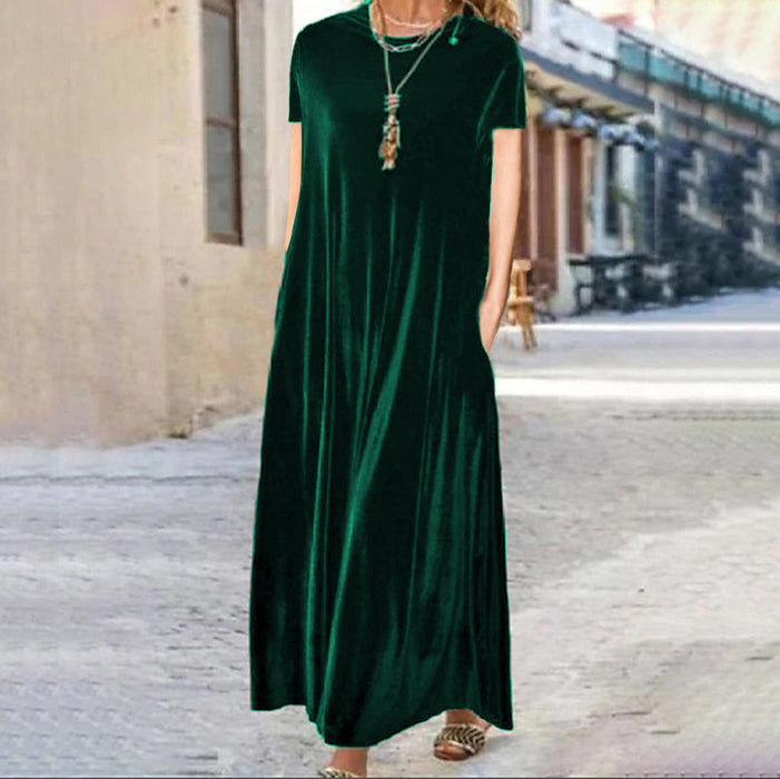 Color-Dark Green Short Sleeve-Spring Gold Velvet Slimming Crew Neck Maxi Dress-Fancey Boutique