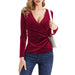Color-Red-Sexy V neck French Top Elegant Long Sleeve Women Clothing T shirt Suede Bottoming Shirt Warm-Fancey Boutique