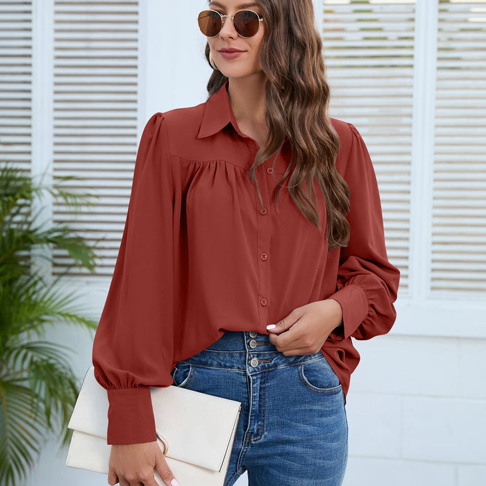 Color-Orange-Women Clothing Spring Autumn Chiffon Shirt Women Shirt Pleated Long Sleeved Top Women-Fancey Boutique