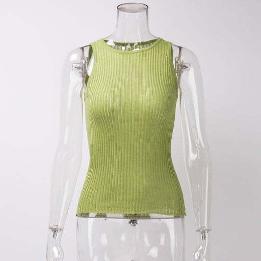 Knitted Vest Summer Sexy Sunken Stripe Hollow Out Cutout Vest Slim Sleeveless Knitted Top-Light Green-Fancey Boutique