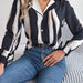 Color-Autumn Winter Casual Contrast Color Striped Suit Collar Long Sleeve Shirt Women-Fancey Boutique