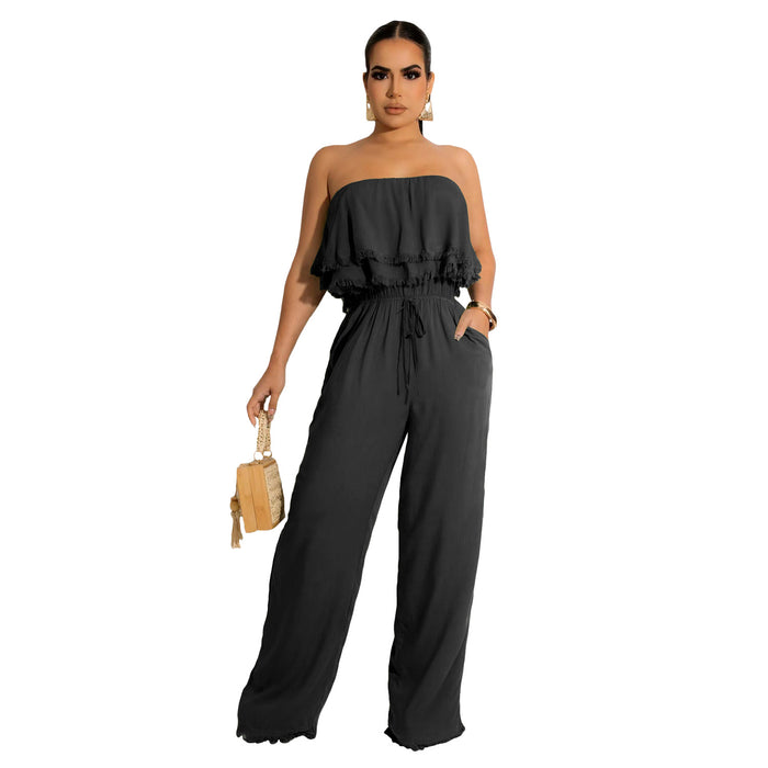 Color-Black-Women Clothing Solid Color Sleeveless Casual Wrapped Chest Ruffled Jumpsuit-Fancey Boutique