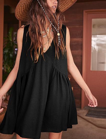 Color-Black-Women Clothing V Neck Sleeveless Pleated Vest Pocket Dress-Fancey Boutique