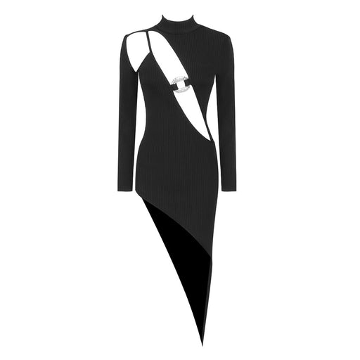 Color-Black-Winter Black Long Sleeve Dress Diamond Decorations Hollow Out Cutout Asymmetric Women Clothing Bandage Dress-Fancey Boutique