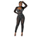 Color-Black-Women Wear Solid Color Mesh Rhinestone Long-Sleeved Trousers Jumpsuit-Fancey Boutique