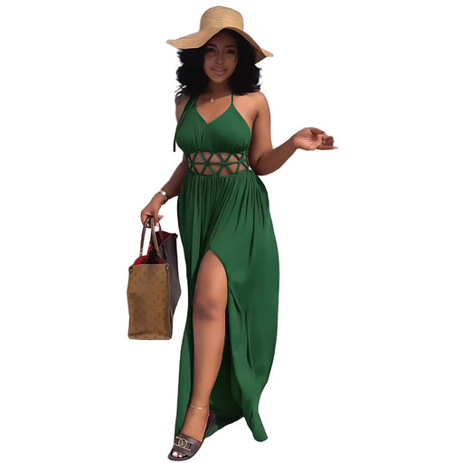 Color-Green-Sexy High Waist Hollow Out Cutout Backless Lace up Casual Split Women Dress-Fancey Boutique