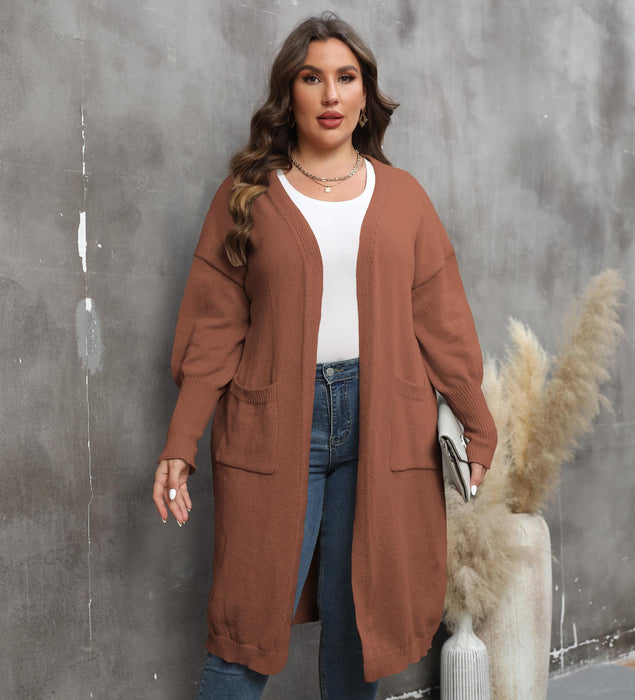 Color-Brown-Women Coat plus Size Women Clothes Loose Mid Length Woven Sweater Double Pocket Lantern Sleeve Sweater Cardigan-Fancey Boutique