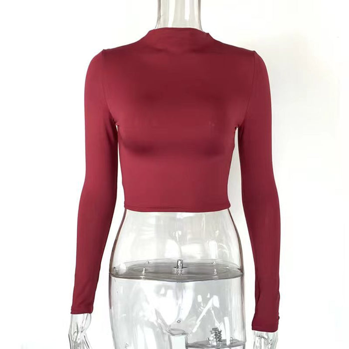 Color-Burgundy-Women Clothing Autumn Solid Color Sexy Tight cropped Long Sleeve Half Turtleneck T shirt Bottoming Shirt-Fancey Boutique