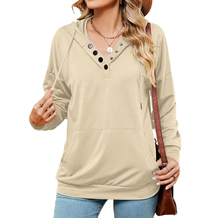 Color-Apricot-Autumn Winter Solid Color Buttons Drawstring Pocket Loose Long Sleeve Sweatershirt Women-Fancey Boutique