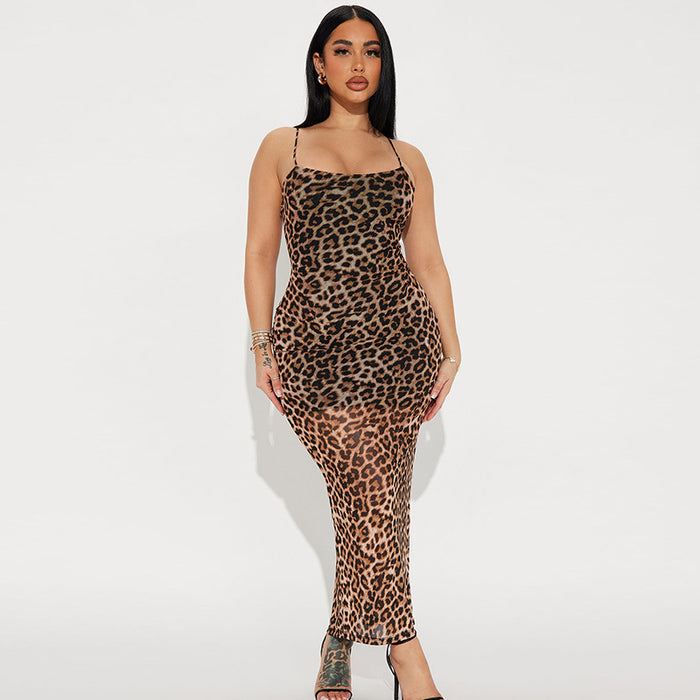 Leopard Print Patchwork Tulle Side Sexy Sling Double Layer Dress-Fancey Boutique