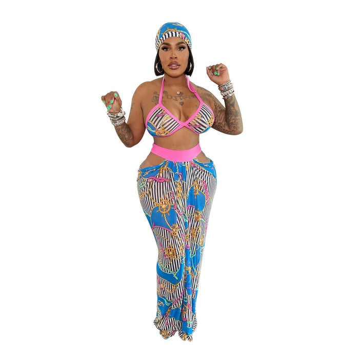 Women Beach Tube Top Skirt Printing Suit-Blue-Fancey Boutique