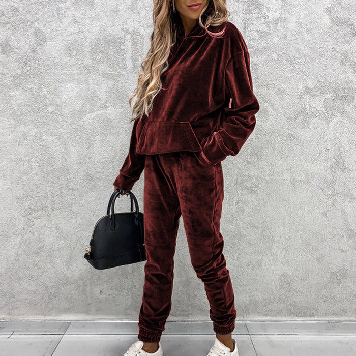 Color-Burgundy-Winter Solid Color Hooded Sports Casual Silver Fox Velvet Suit Women-Fancey Boutique