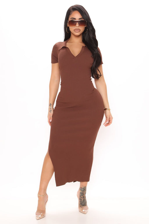 Color-Brown-Summer New Women Rollneck Short-Sleeve Shirt Sexy Backless Fashion Slim Fit Slit Dress-Fancey Boutique