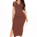 Color-Brown-Summer New Women Rollneck Short-Sleeve Shirt Sexy Backless Fashion Slim Fit Slit Dress-Fancey Boutique