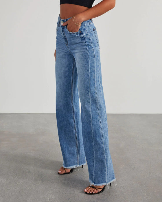 Loose Wide Leg Side Seam Stitching Frayed Hem Jeans Women-Fancey Boutique