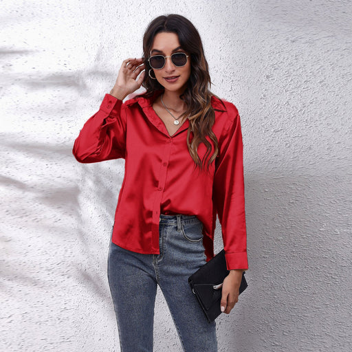 Color-Red-Popular Satin Shirt Women Artificial Silk Long Sleeve Shirt Autumn Women Clothing-Fancey Boutique