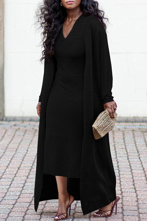 Women Clothing Solid Color Rib Fabric Stretch Cloak Coat Slim Fit V Neck Dress Two Piece Set-Black-Fancey Boutique