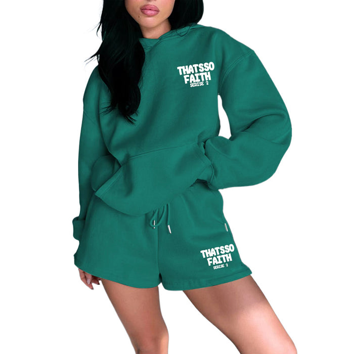 Color-blackish green-Autumn Winter Solid Color Letter Graphic Print Sweatshirt Women Loose Shorts Set-Fancey Boutique