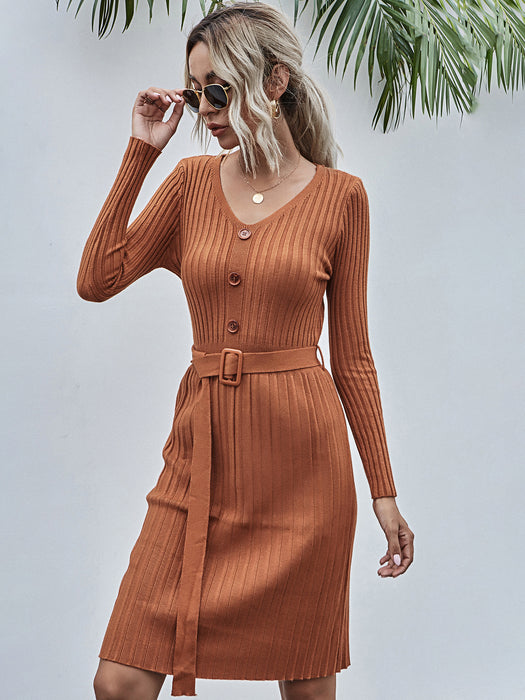 Color-Dirty Orange-Sweater Women Autumn Winter V-neck Button Dress Sweater Without Belt-Fancey Boutique