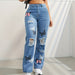 Butterfly Print Ripped Cut-out Denim Straight High Waist Contrast Color Denim Trousers for Women-Fancey Boutique