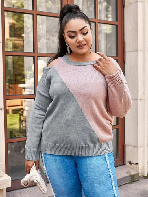 Color-Khaki-Plus Size Contrast Color Sweater Autumn Winter Loose Pullover Contrast Color Women Sweater-Fancey Boutique