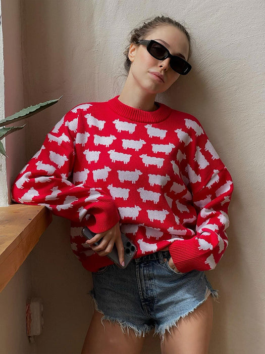 Round Neck Lamb Sweater Autumn Women Loose Casual Mid Length Round Neck Lamb Sweater-Red-Fancey Boutique