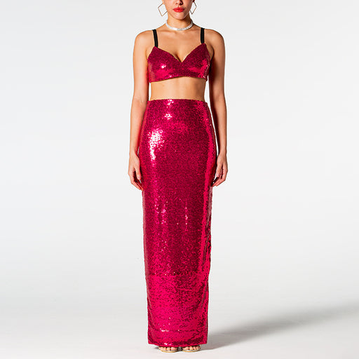 Color-Red-Summer Sexy Red Dress Sling Short Top High Waist Sequined Two Piece Set-Fancey Boutique