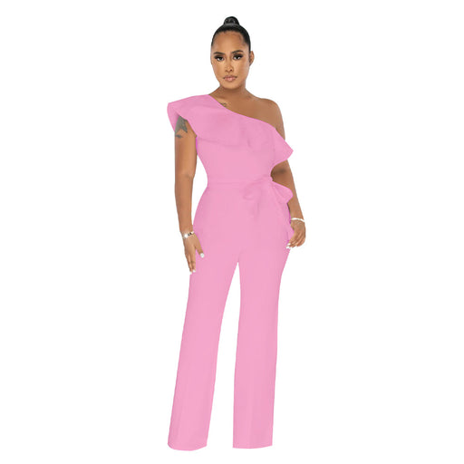 Color-Pink-Women Clothing Solid Color Ruffles Jumpsuit Containing Belt-Fancey Boutique