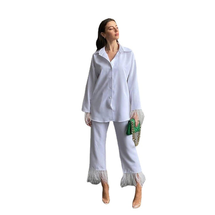 Spring Summer Special-Interest Design Long Sleeve Feather Shirt Casual Cropped Pants Suit-Fancey Boutique