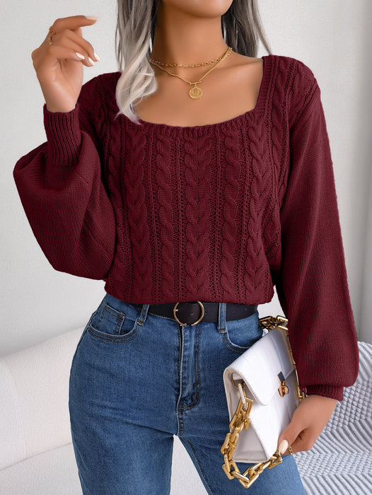 Color-Burgundy-Autumn Winter Casual Square Collar Twist Lantern Sleeve Pullover Sweater Women Clothing-Fancey Boutique