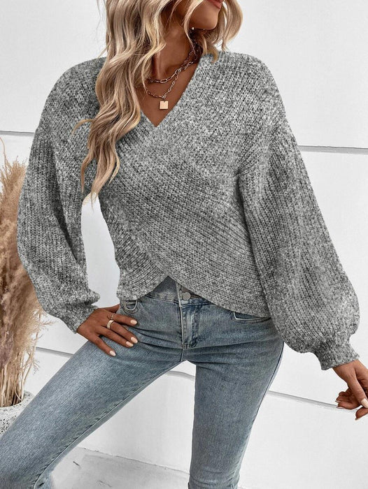 Fall Winter Sweater Women Clothing Elegant Cross V Neck Loose Pullover Women-Light Gray-Fancey Boutique