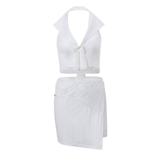 Color-White-Spring Elegant Striped Bow Short Halterneck Vest Slim Fit Cropped Hip Skirt Set-Fancey Boutique