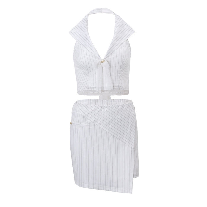 Color-White-Spring Elegant Striped Bow Short Halterneck Vest Slim Fit Cropped Hip Skirt Set-Fancey Boutique