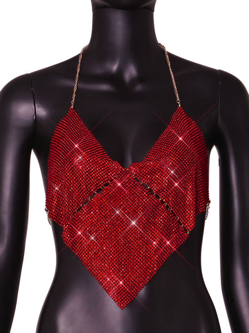 Color-Red-Women Clothing Nightclub Sexy Low Cut Backless Halter Rhinestone Stitching Triangle Vest Women-Fancey Boutique