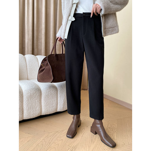 Color-Black-French Mid Seam Stand Cut Leg Shaping Straight Slimming Woolen Cropped Casual Pants-Fancey Boutique