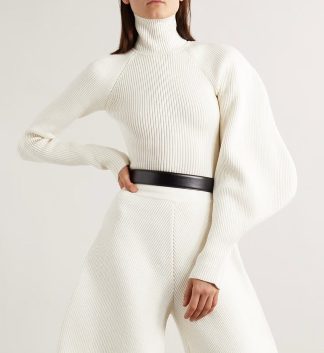 Color-White-Personalized Minority Irregular Asymmetric Model Autumn Turtleneck Unilateral Long Sleeve High Waist Loose Solid Color Knitting Suit-Fancey Boutique