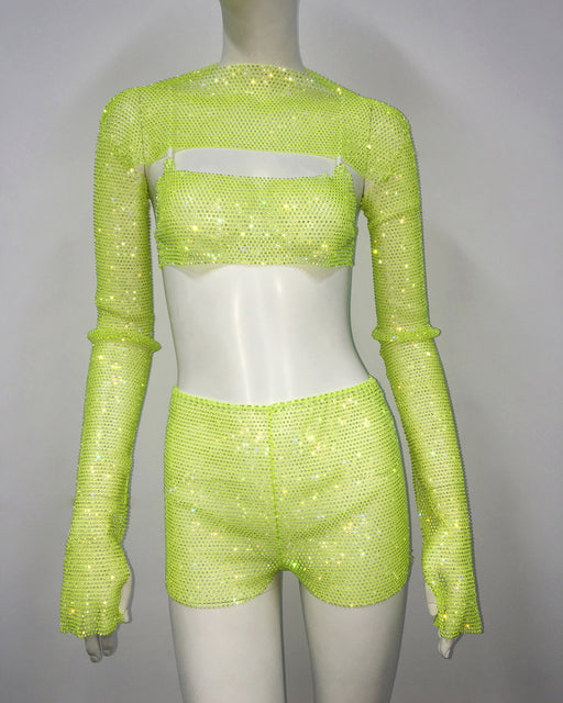 Color-fluorescent green-Sexy Set Fishnet Rhinestone Suspender Shorts Three Piece Sexy Pants Set-Fancey Boutique