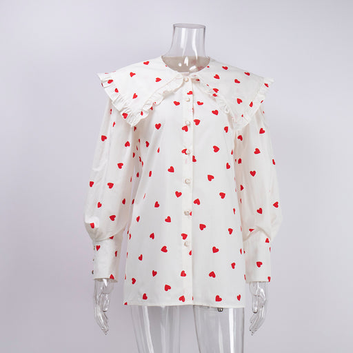 Heart Printing Shirt Summer Red Heart Printing Printed Peter Pan Collar Lantern Sleeve Shirt-White-Fancey Boutique