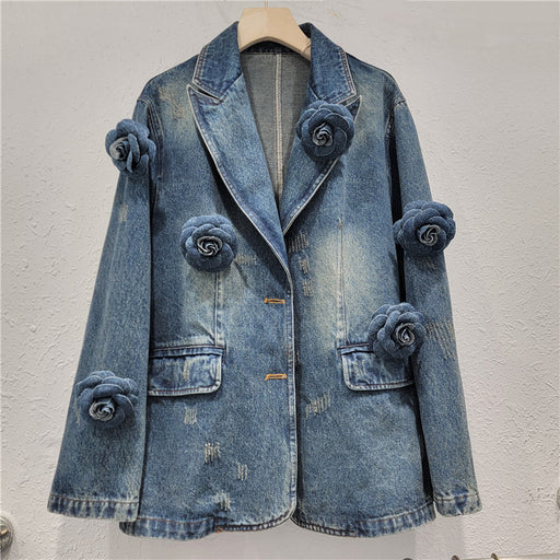 Fall Polo Collar Denim Long Sleeve Pin Rose Decoration Vintage Washed Denim Blazer-Fancey Boutique