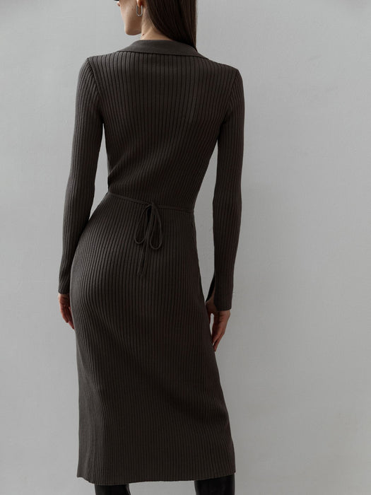 Split Strap Thread Knitted Dress Mid Length Autumn Winter Polo Collar Long Sleeve Sexy Tight Dress-Fancey Boutique