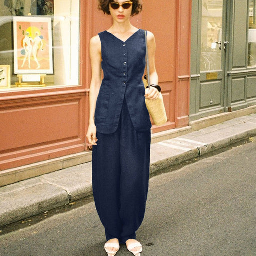 Navy Blue Sleeveless Vest Trousers Suit Summer Cinched Waist Waistcoat Slimming Two Piece Suit-Fancey Boutique