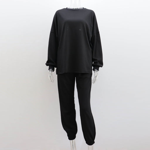 Color-Black-Autumn Winter Pullover Suit Women Long Sleeved Crew Neck Pullover Sweatshirt Sweatpants Two Piece Suit Women Casual-Fancey Boutique