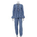 Color-Blue-Women Clothing Spring Wear a Set of Sexy Lacing Long Sleeve Puffy Small Shirt Ankle Banded Pants Plaid Suit-Fancey Boutique