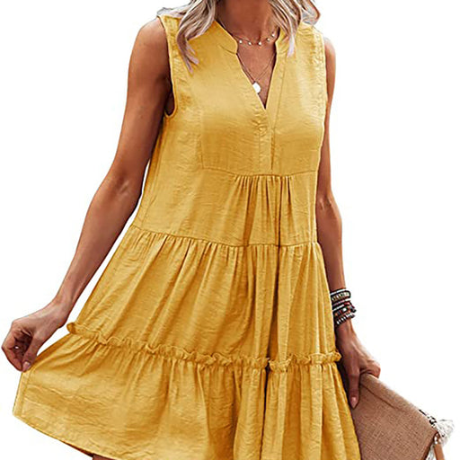 Color-Yellow-Summer V neck Sexy Solid Color Dress Irregular Asymmetric Stitching Sleeveless Office Large Swing Dress for Women-Fancey Boutique