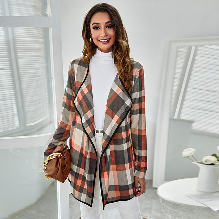 Color-Orange Grid-Autumn Winter Pocket Loose Casual Plaid Printed Coat-Fancey Boutique