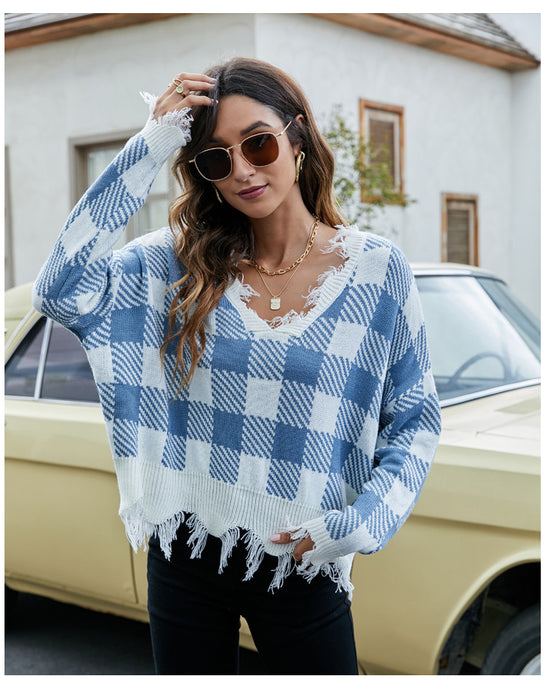 Color-Blue Pullover for Women-Pullover Women Loose Short V Neck Women Sweater Autumn Winter Tassel Knitwear-Fancey Boutique